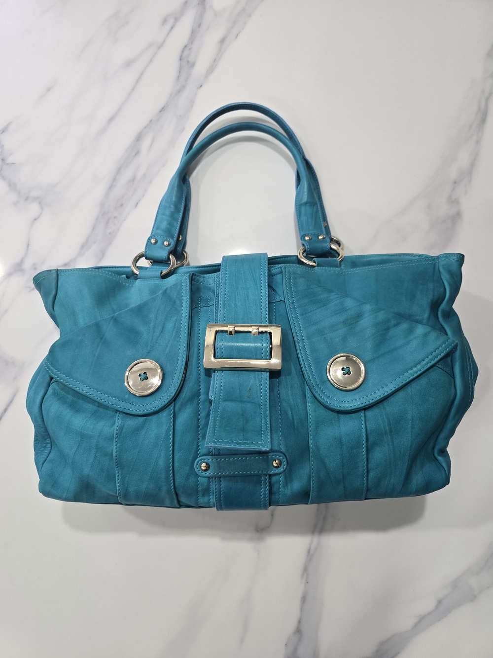 Charles David Turquoise Leather Shoulder Satchel with Silver Accents